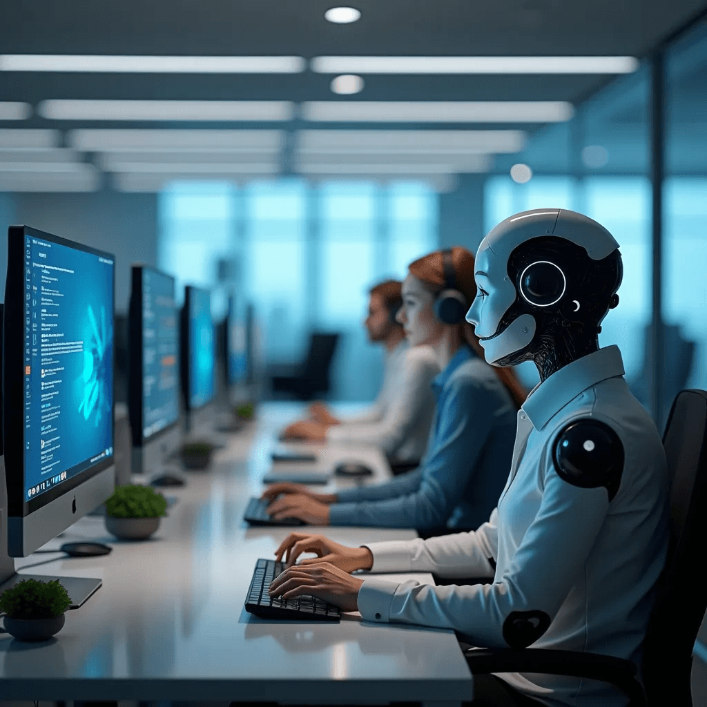 Robot trabajando frente a una pantalla en una oficina
